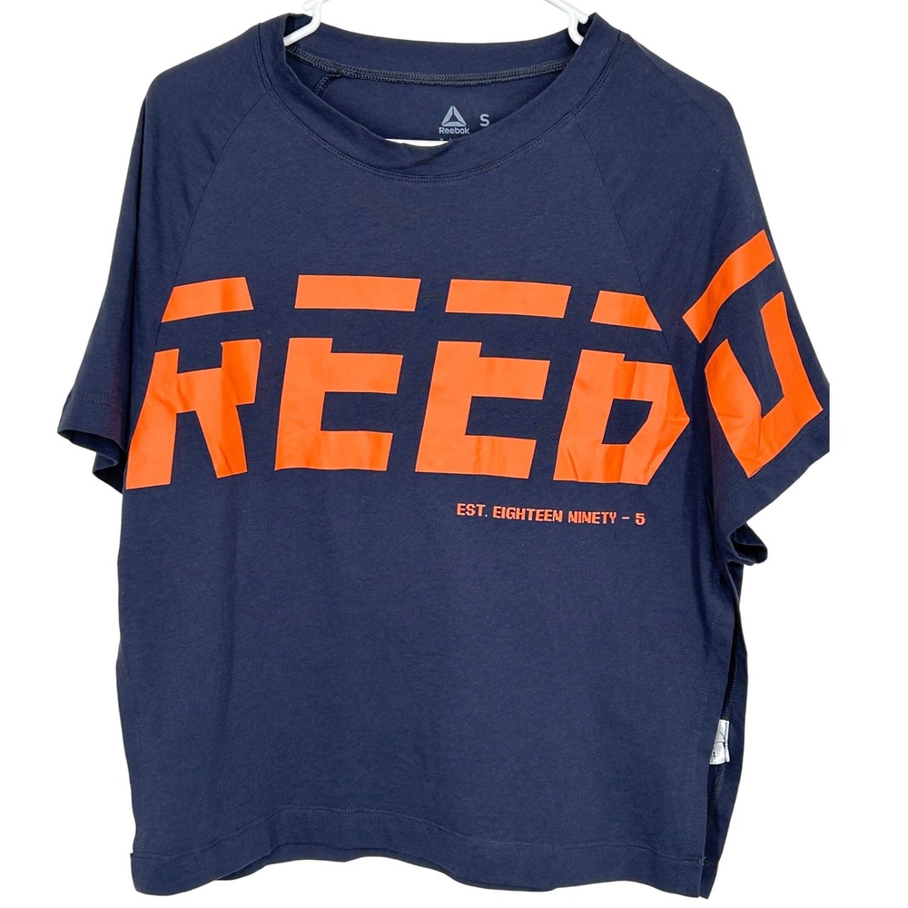 Reebok Navy Blue Short-Sleeve Tee Huge Wrap Logo w/Side Slits Women's Size Small
